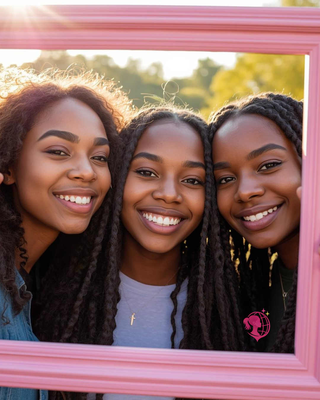 Three smiling young women framed in a pink picture frame, representing Sparkle Pink Club sisterhood