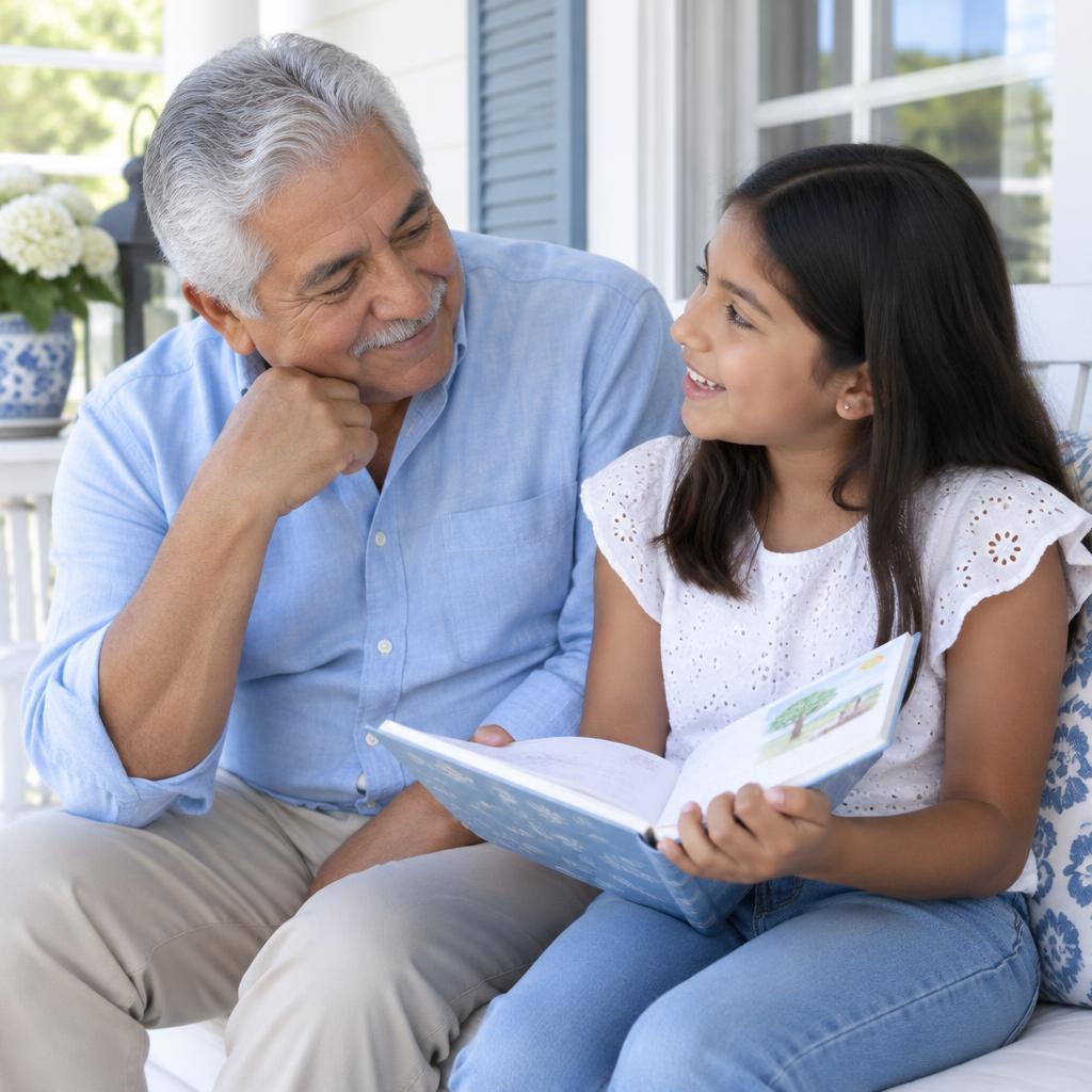 Illustration: a grandfather listening to his granddaughter read