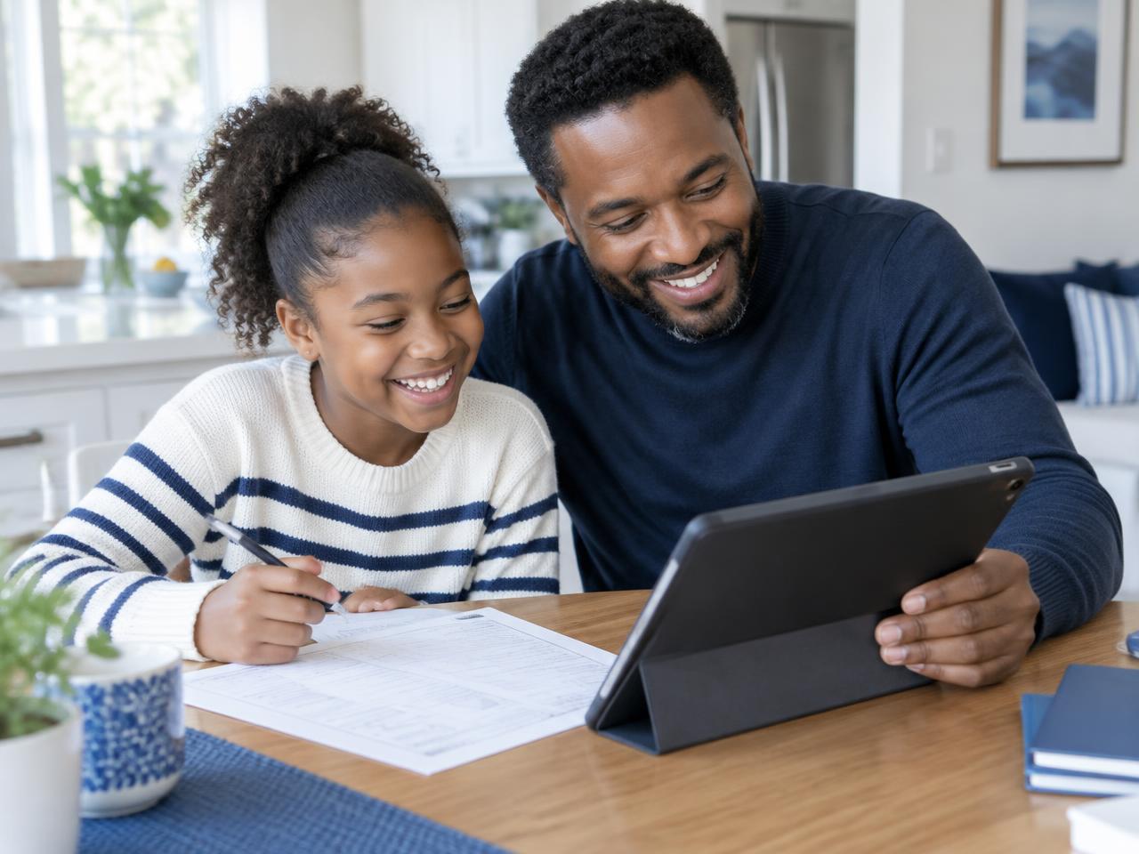 Illustration: a dad and daughter smiling over a tablet and worksheet