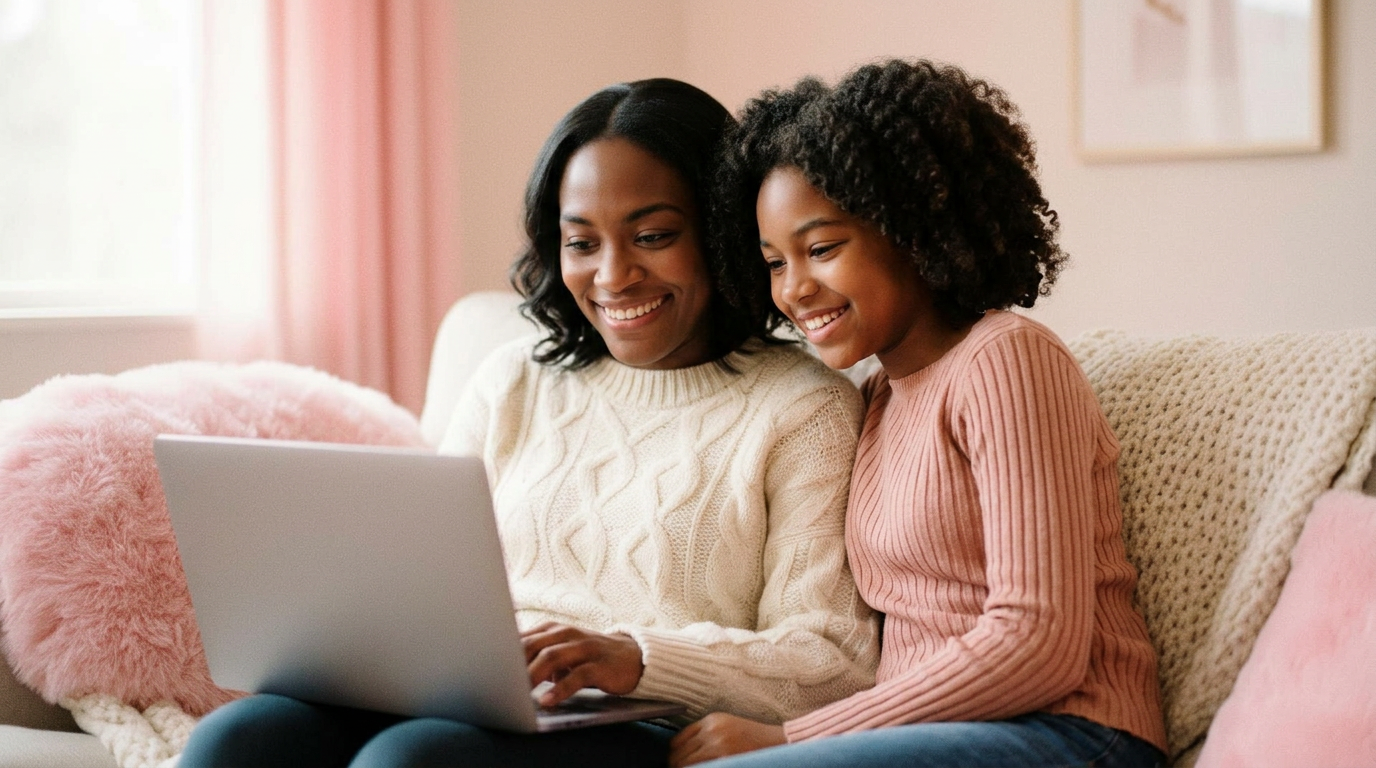 Mom and daughter smiling at a laptop together